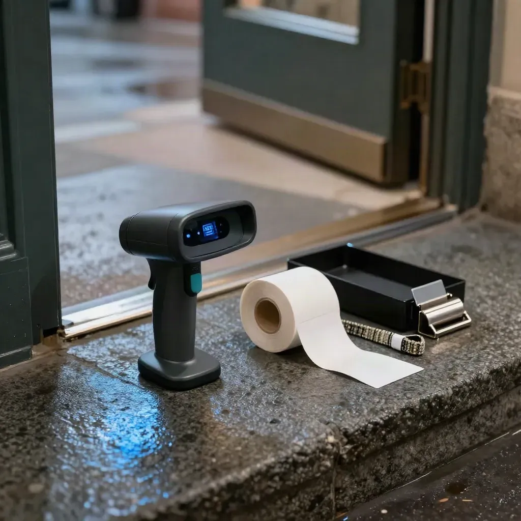 QR scanner, ticket rolls, and wristbands on wet stone at a venue doorway at dusk