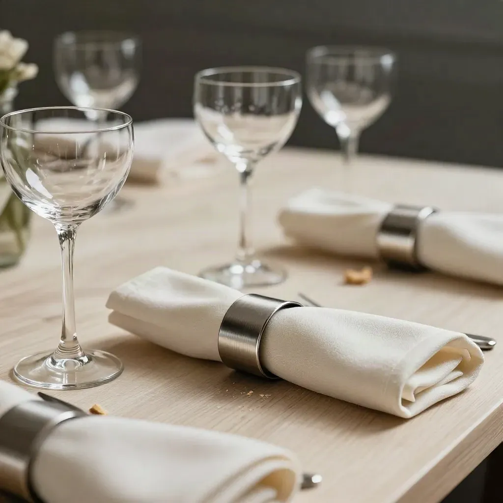 Coupe glasses, linen napkins, napkin ring and ribbon on pale wood in soft banquet light.