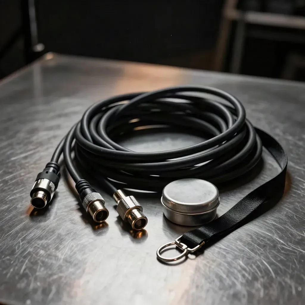 Stage cable, gaffer tape, connectors, earplug tin and lanyard on brushed steel in dramatic light.