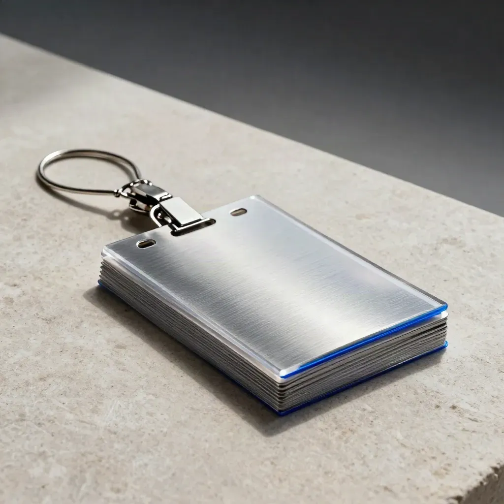 Top-down close-up of badge sleeves, clip backs, and a clear lanyard loop on pale stone.