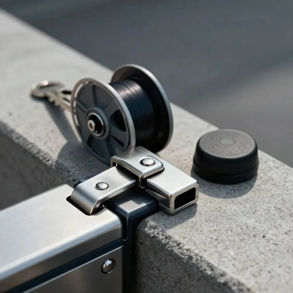 Macro of turnstile latch, wristband reel and gate bumper on concrete.
