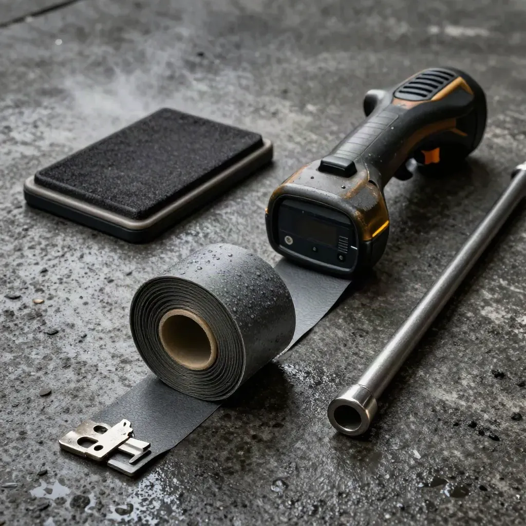Wristband rolls, gate scanner, stamp pad, and detector wand on rain-dark concrete.
