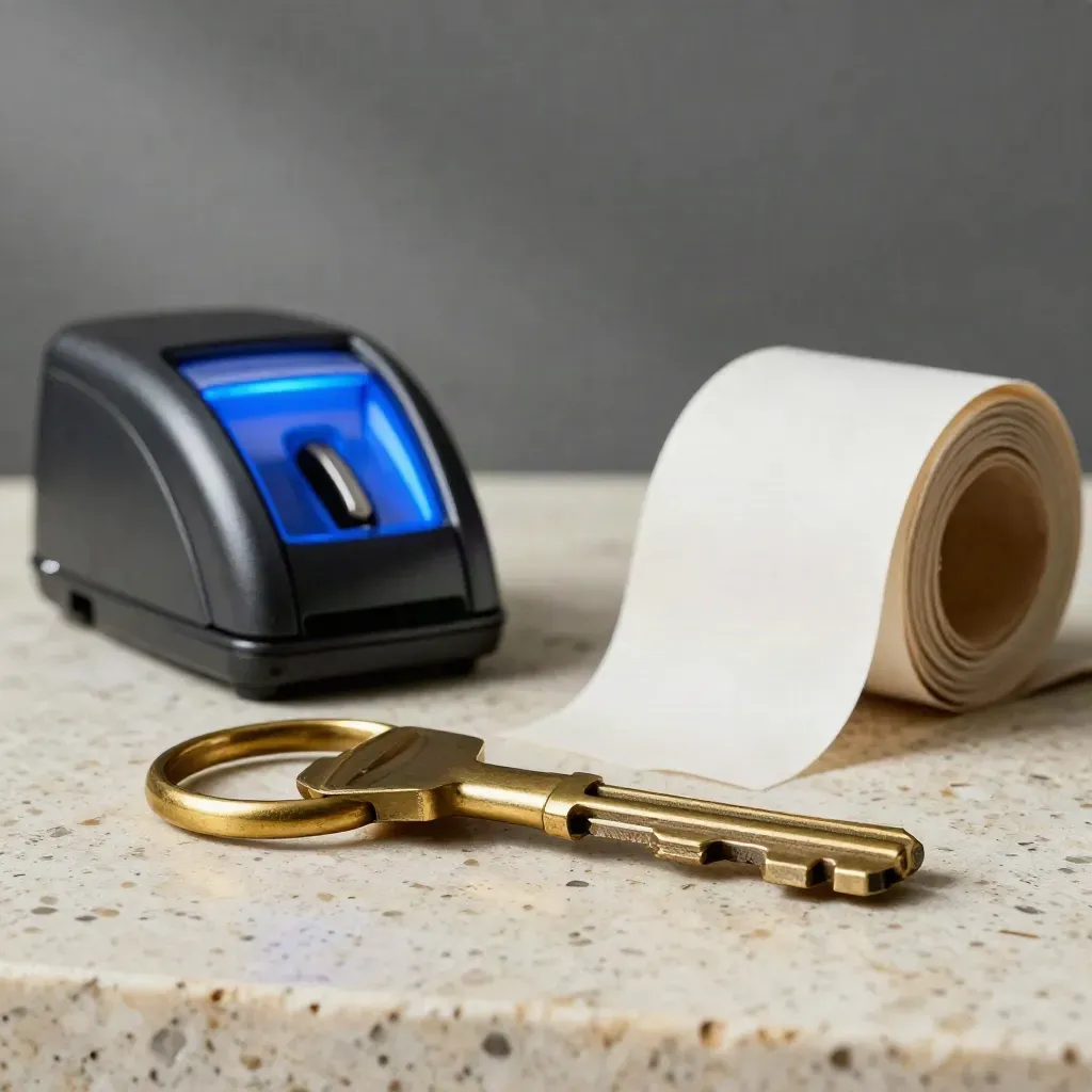 Brass tally counter, receipt roll core and scanner dock on pale travertine, with a blue status glow