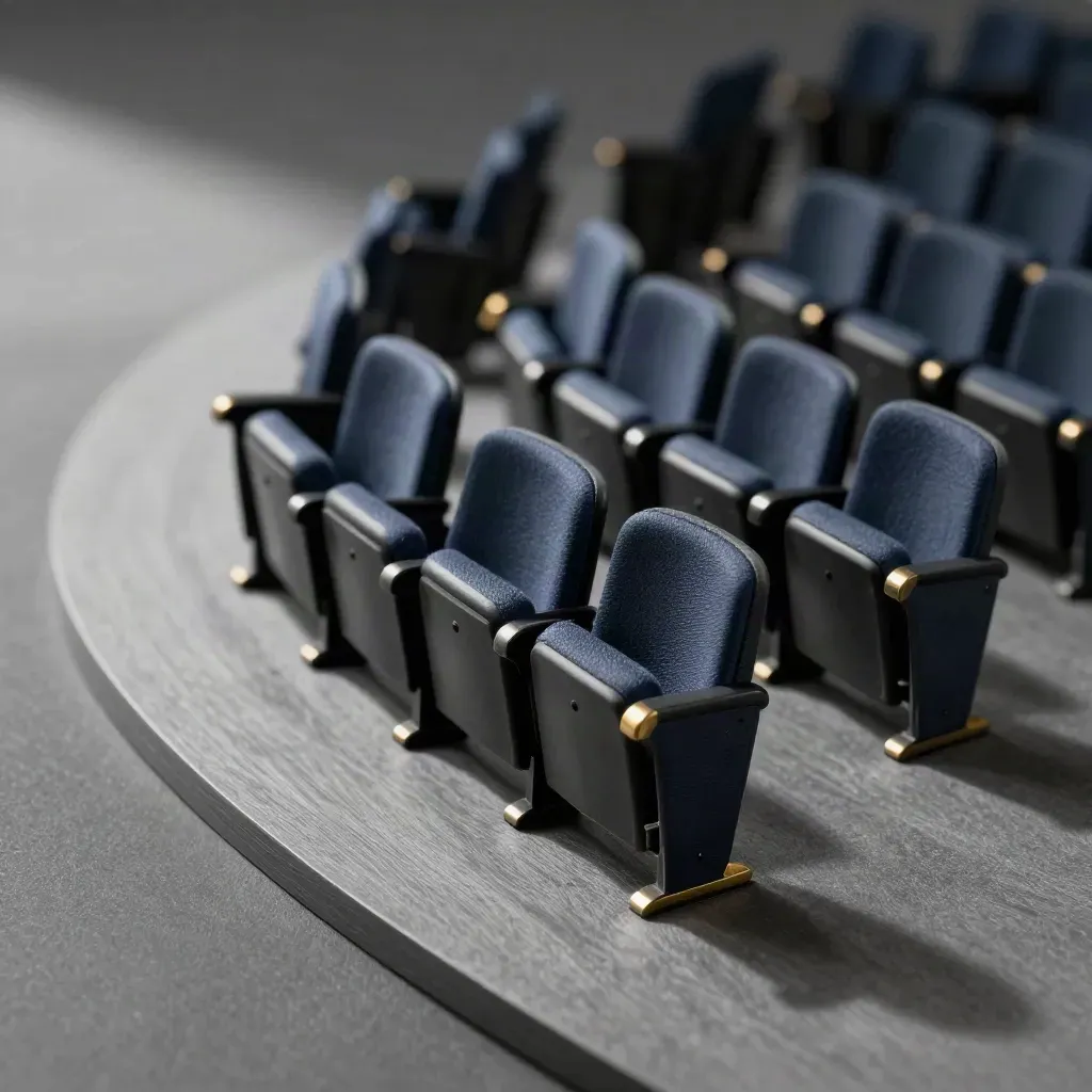 Miniature auditorium seat modules and brass aisle markers on a graphite surface.
