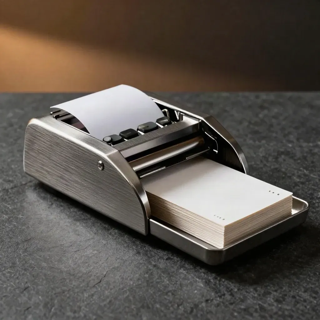 Payment terminal cradle, receipt cutter and ticket stock on charcoal stone in dramatic light.