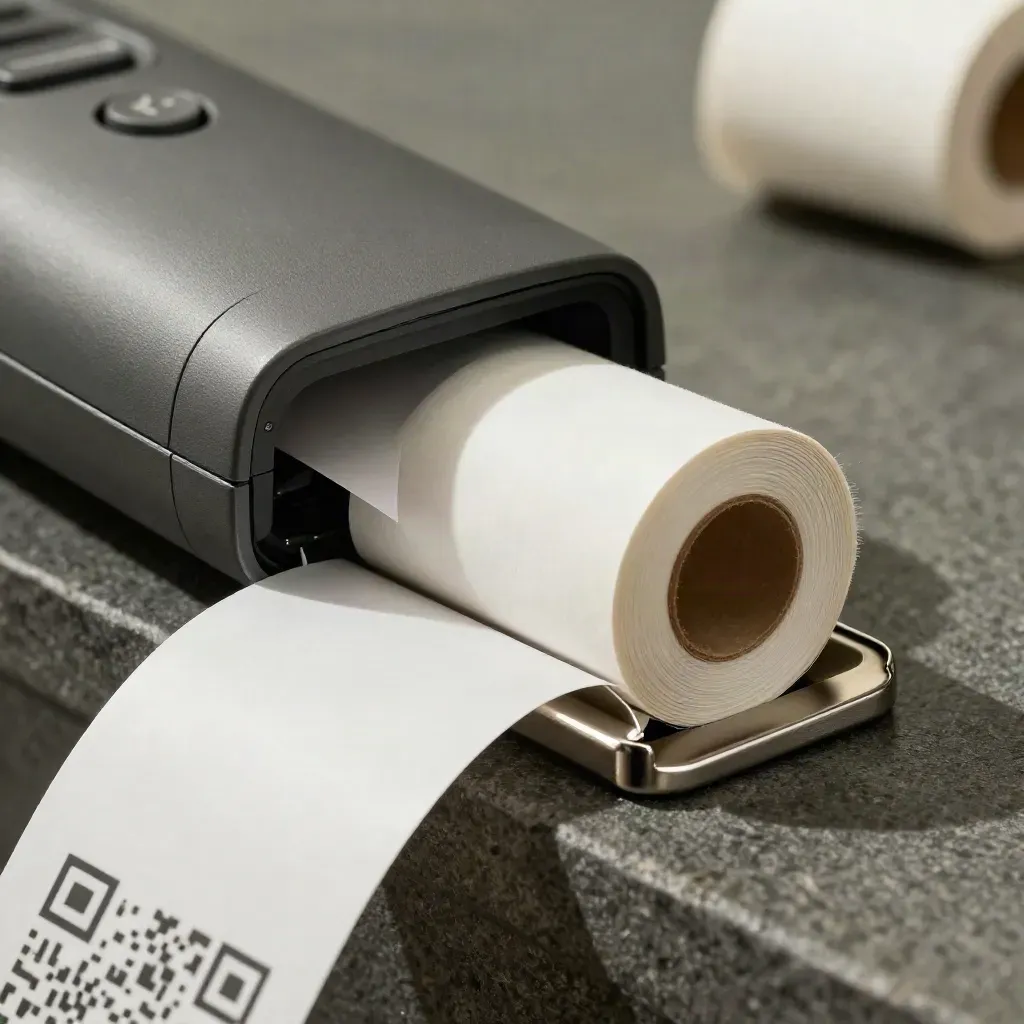 QR scanner feeding a blank ticket roll in a protective cradle on dark stone.