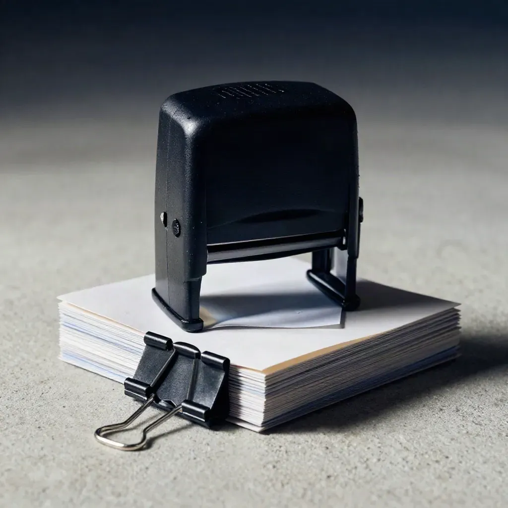 Macro of a date stamp lifting above refund slips, with a binder clip on pale concrete.