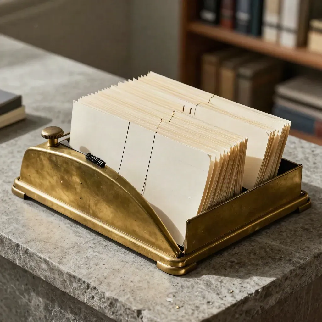 Brass tally counter, tabbed filing tray, and ticket dividers on limestone in soft daylight.
