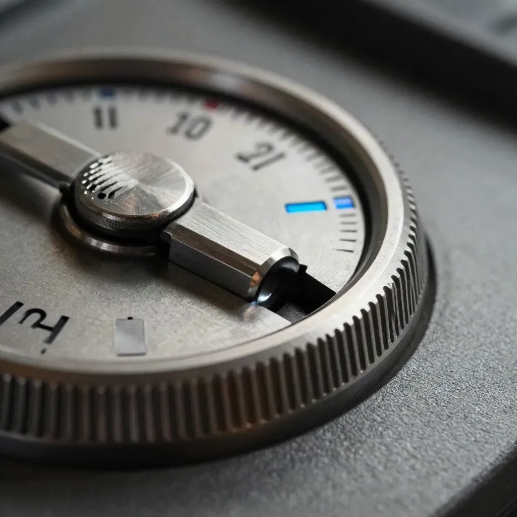 Macro of a metal pricing dial and markers on dark graphite stone