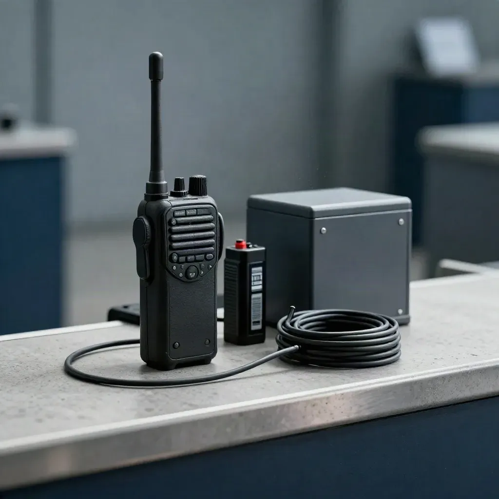 Venue entry radio, battery pack, gate counter and cable tester on a concrete ledge.