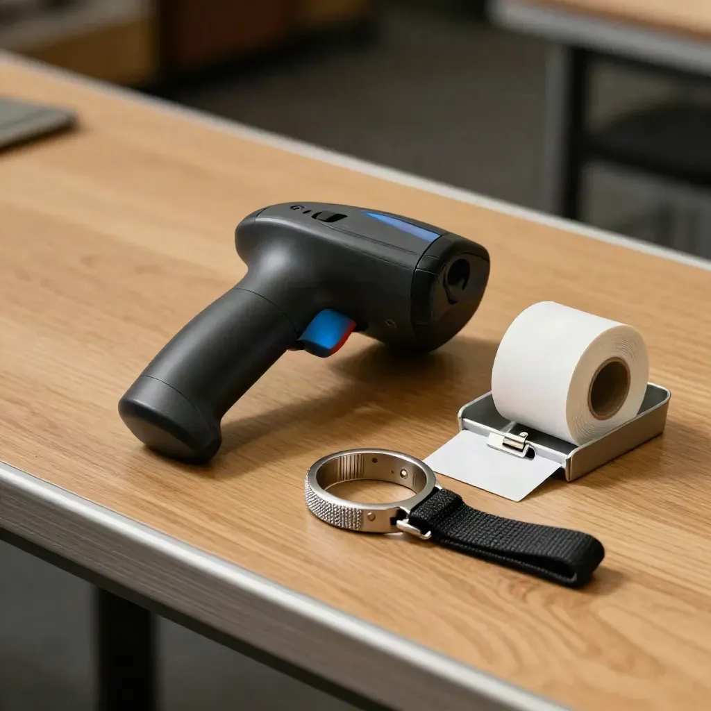 Box office scanner, ticket roll, badge clip and wristband cutter by a queue belt.