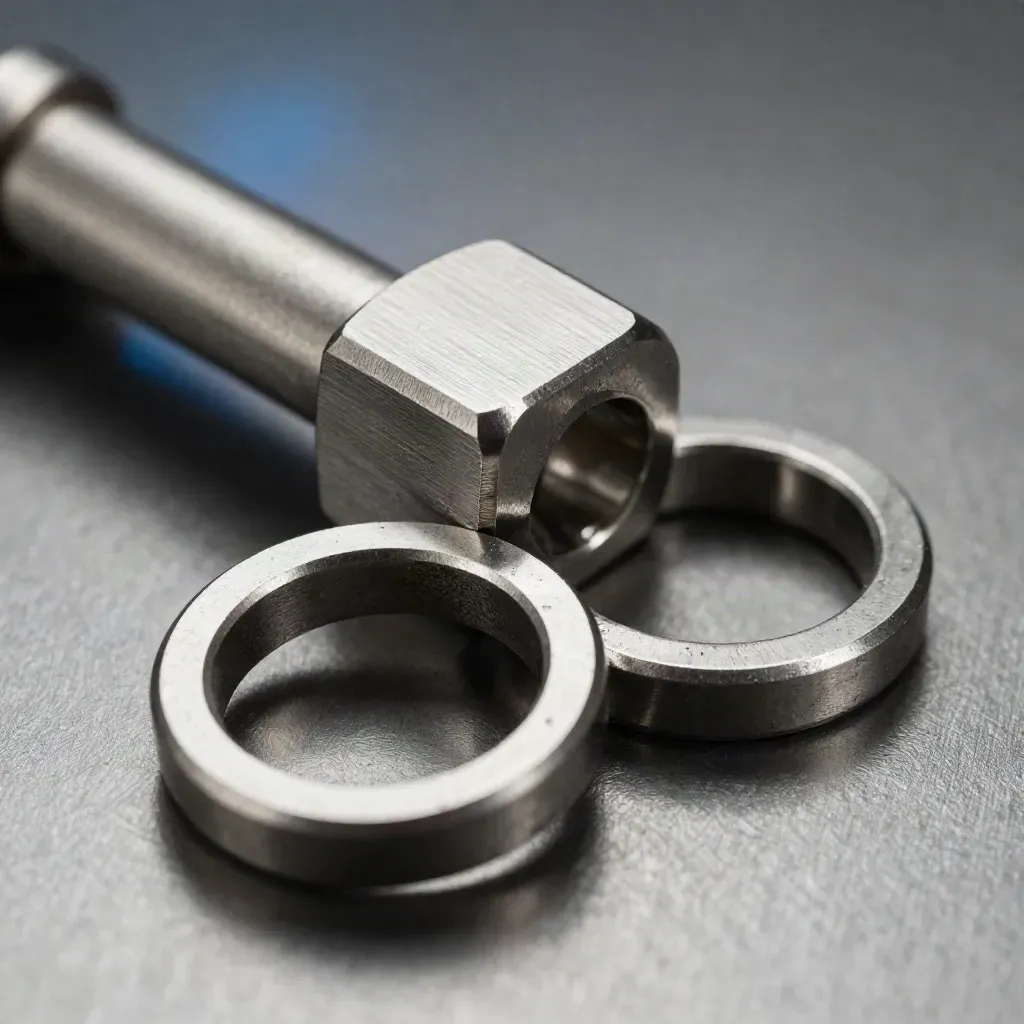 Macro of interlocking machined rings and a connector block on brushed steel, lit from upper left.