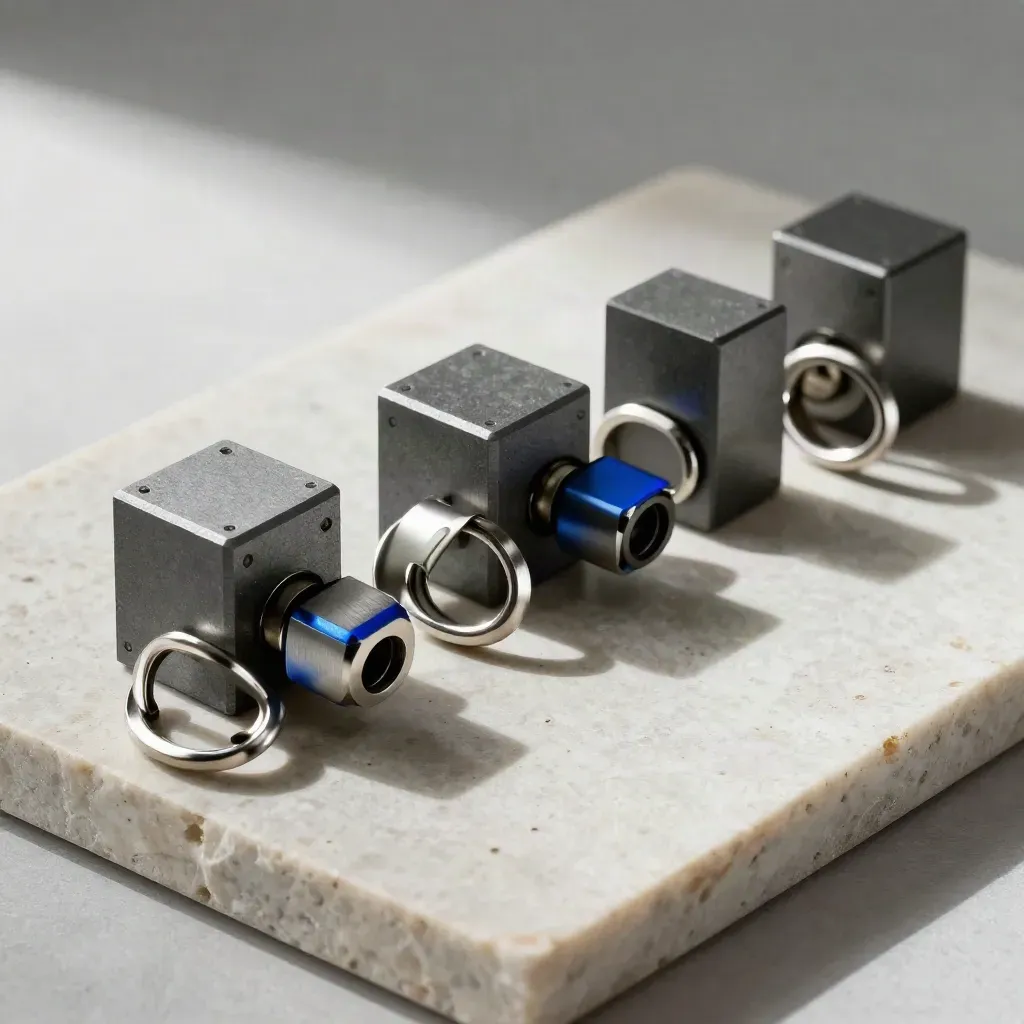 Graphite blocks, metal rings, and connectors on pale stone in a diagonal flatlay