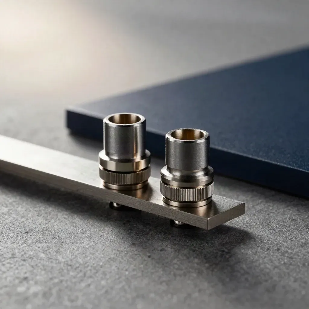 Brushed metal connector pucks and a bridge plate on a dark industrial surface