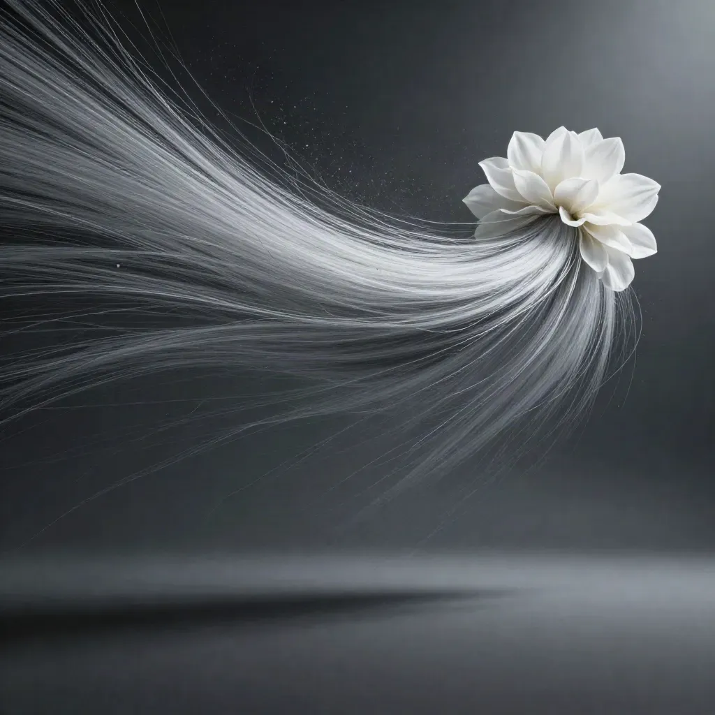 Silver light filaments converge into a soft white bloom in dark graphite haze.